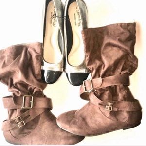 Silver Ballet Flats and Brown Boots size 9 bundle